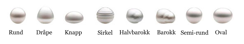 Ulike perleformer fremstilt på rekke, fra rund til halvbarokk til oval.